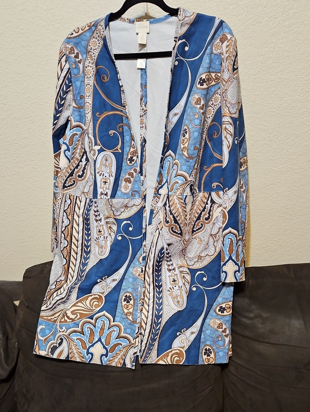 Chico's Blue, Tan and White Printed Open-Front Suede Like Duster
